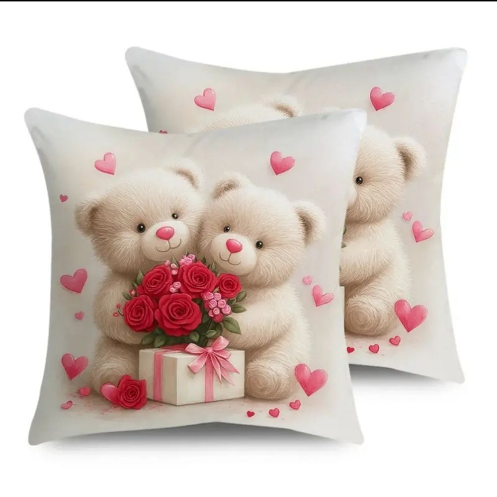 White Bear With Present Box And Bouquet Of Roses pillow case bundle Of Two